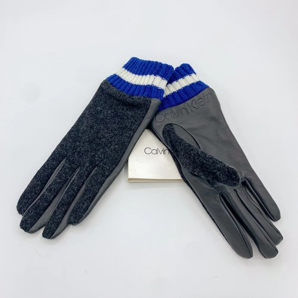 Calvin Klein Charcoal & Blue Leather & Wool Gloves